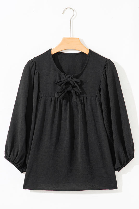 Black Bow Tie Neck 3/4 Sleeve Casual Blouse