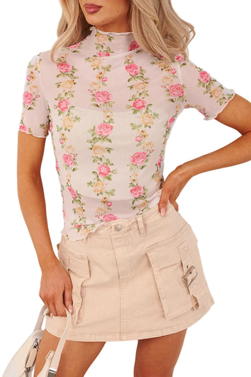 Beige Floral Print Mock Neck Short Sleeve Mesh Top