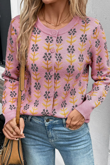 Pink Floral Button Down Ribbed Banded Cardigan Sweater