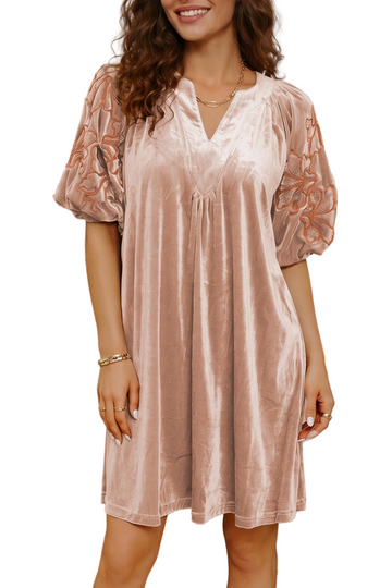 Light French Beige Embroidered Sleeve Velvet Mini Shift Dress