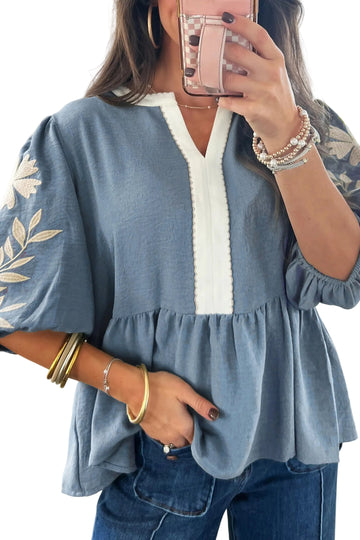 Myosotis Color Block Patchwork V Neck Embroidered Puff Sleeve Babydoll Blouse