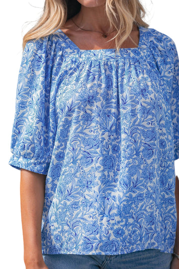 Sky Blue Square Neck Short Puff Sleeve Pleated Floral Blouse