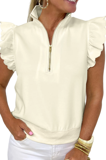 Beige Zipped up Collared Ruffled Short Sleeve Blouse