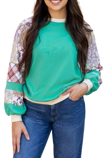 Aruba Blue Plaid Vintage Paisley Patchwork Long Sleeve Raglan Top