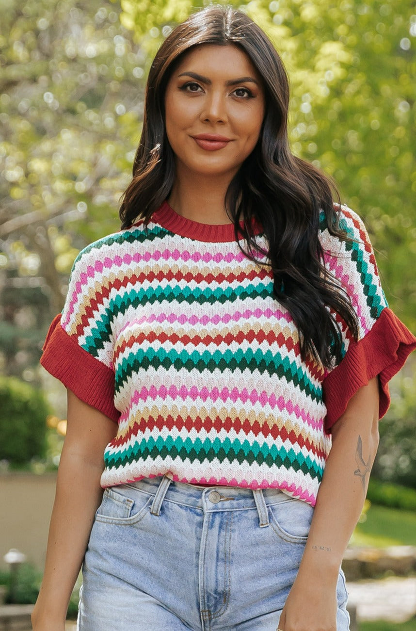 Fiery Red Trimmed Ruffle Sleeve Colorful Textured Sweater