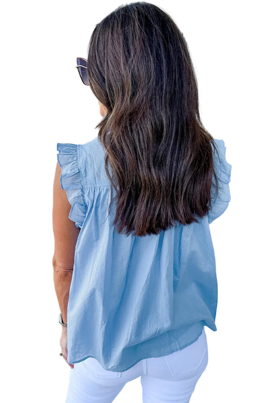Sky Blue Ric Rac Trim Frilly Sleeveless Shirt