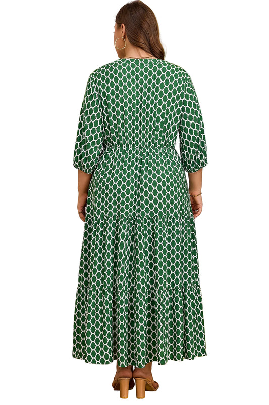 Green Plus Size Geometric Print Pocketed Ruffle Hem Casual Dress