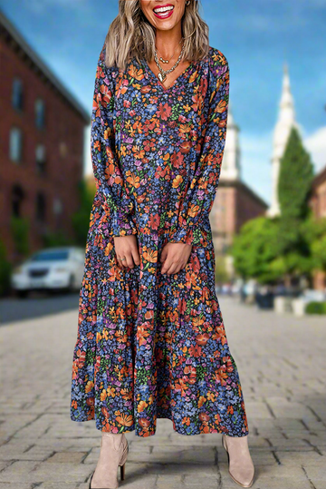 Blue Floral Print Tassel Tie V Neck Long Sleeve Flowy Long Dress