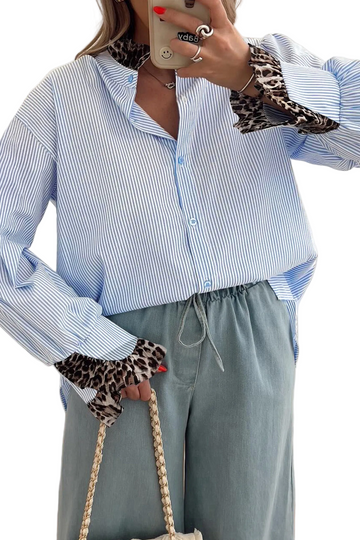 Sky Blue Stripe Ruffled Leopard Patchwork Long Sleeve Button Down Loose Shirt