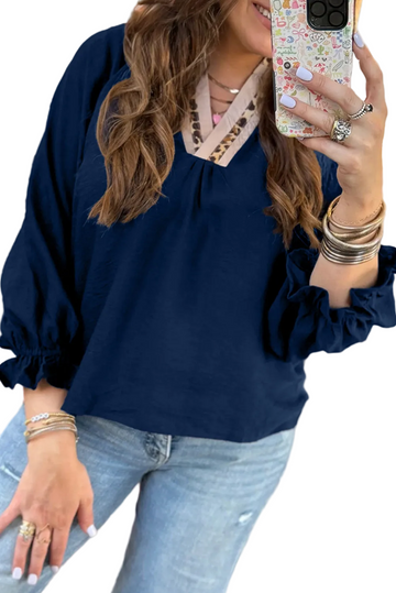 Dirty blue Leopard Trim V Neck Flounced Bracelet Sleeve Blouse