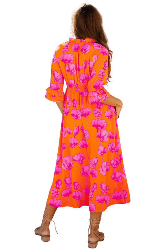 Orange Floral Print Frilly Smocked V Neck 3/4 Sleeve Long Dress