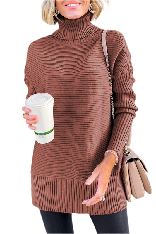 Mineral Red Turtleneck Ribbed Knit Tunic Sweater