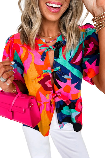 Red Abstract Floral Print Front Tied Puff Sleeve Babydoll Blouse