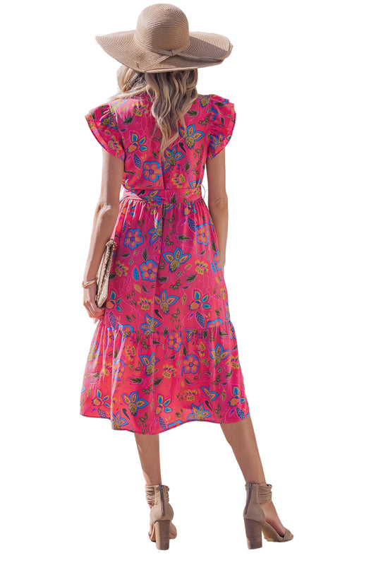Rose Flutter Sleeve Belted Floral Long Dress