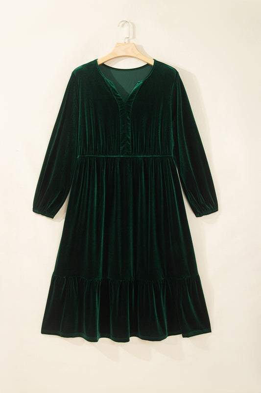 Blackish Green V Neck Long Sleeve Velvet Loose Fit Plus Size Dress