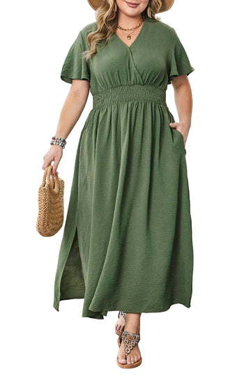 Four Leaf Clover Surplice Neckline Shirred High Waist Plus Size Maxi Dress