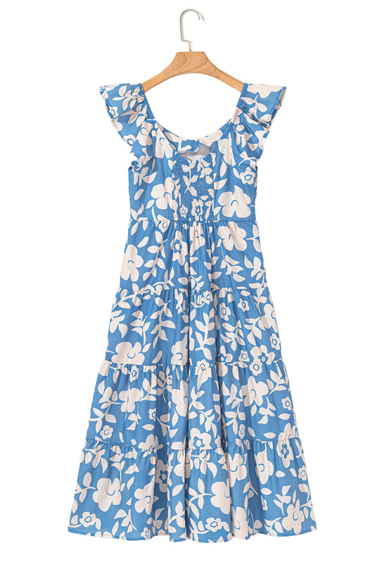Sky Blue Floral U Neck Flutter Shoulder Tiered Flowy Midi Dress