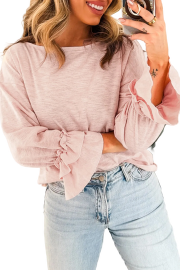 Gossamer Pink Long Sleeve Ruffle Cuff Casual Elegant Top