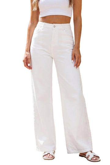 White Solid Color Loose Casual Jeans