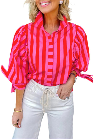 Red Stripe Tie Puff Sleeve Womens Button Down Shirt