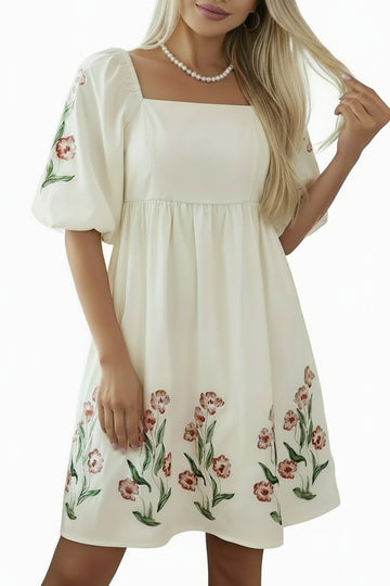 Beige Floral Print Puff Sleeve Babydoll Dress