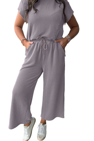 Wild Wind or Bright Pink Solid Corded Knit Short Sleeve T Shirt and Wide Leg Pants Set