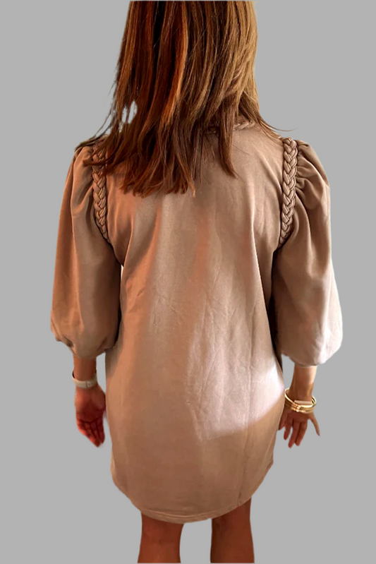Light French Beige Braided Trim Puff Sleeve Dress