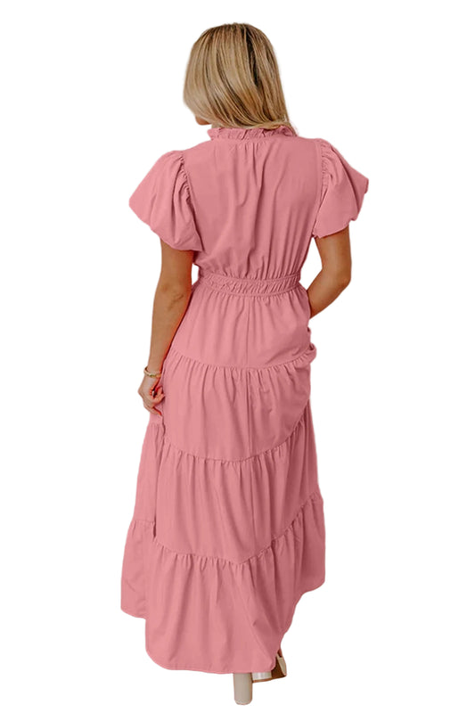 Gossamer Pink Solid Color V Neck Short Puff Sleeve High Waist Tiered Maxi Dress