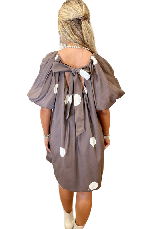 Brown Polka Dot Print Knot Back Short Puff Sleeve Loose Mini Dress