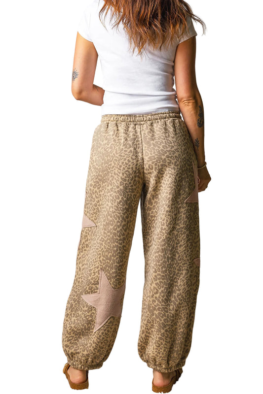 Khaki Leopard Print Star Patched Drawstring Elastic Waist Jogger Pants