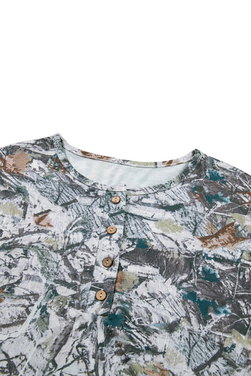Gray Abstract Woodland Print Tunic Henley T Shirt
