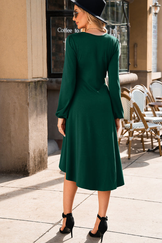 Blackish Green Solid Color Ruched Detail Long Sleeve Midi Dress