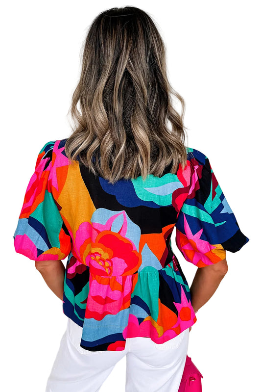 Red Abstract Floral Print Front Tied Puff Sleeve Babydoll Blouse