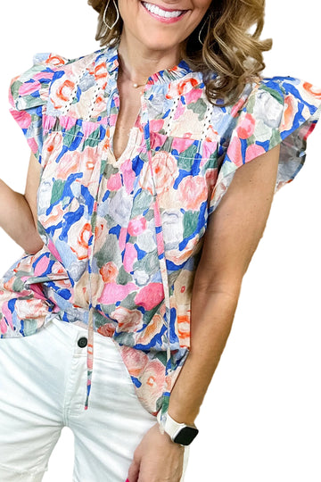Pink Floral Print Tie V Neck Contrast Detail Ruffle Short Sleeve Blouse