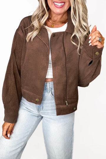 Dark Khaki Button Zip Up Lapel Collar Corduroy Jacket