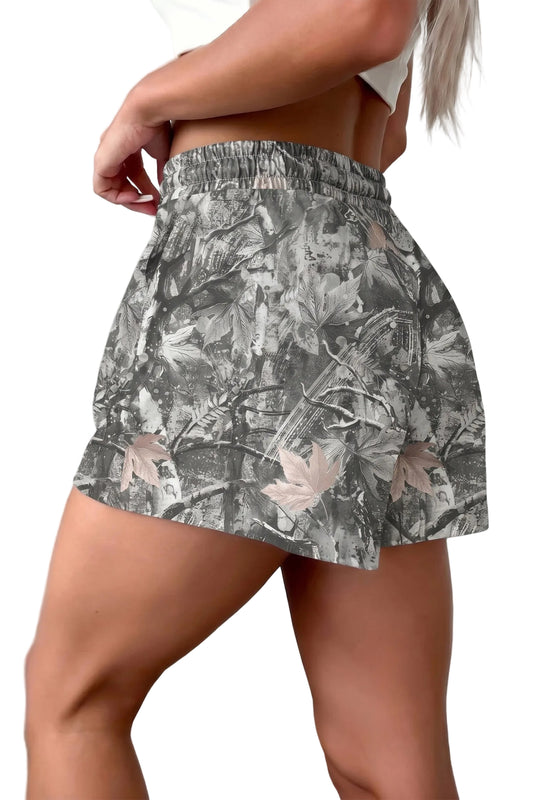 Gray Abstract Maple Leaf Printed Tie Elastic Waist Shorts