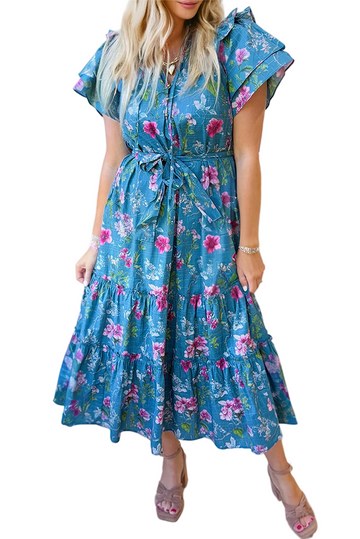 Blue Floral Flutter Sleeve Button Tie Split Neck Belted Long Dress