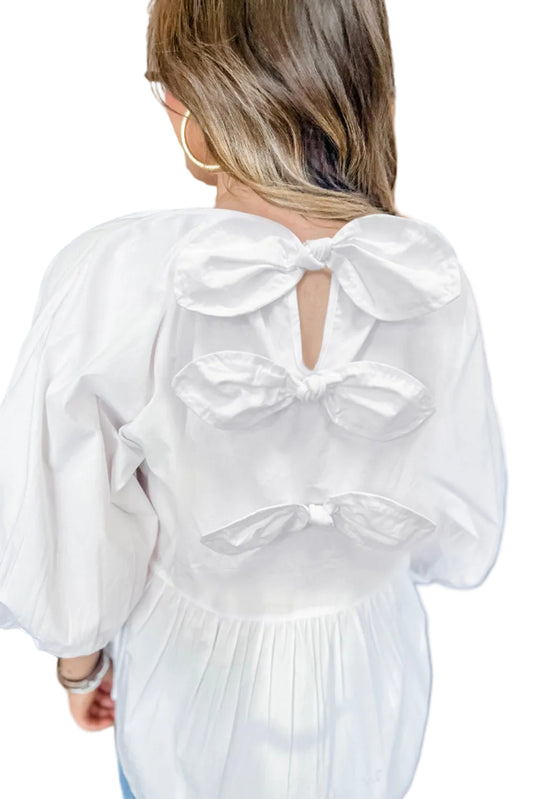 White Bow Knot Cutout Back Loose Fit 3/4 Sleeve Blouse