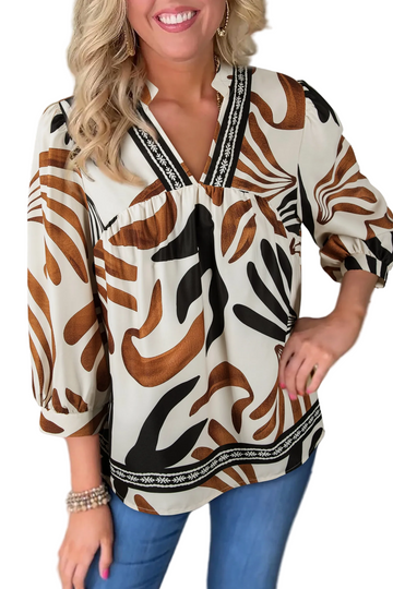 Brown Abstract Print Puff Sleeve Loose Blouse