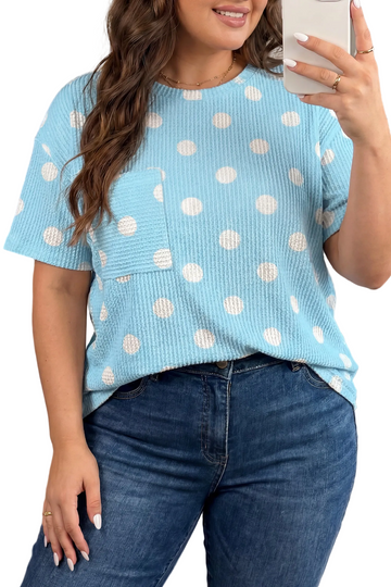 Sky Blue Twisted Rib Polka Dot Print Plus Size T Shirt