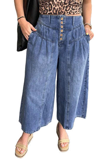Dusk Blue High Rise Buttons Pleated Cropped Wide Leg Denim Pants