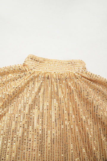 Gold Metallic Balloon Sleeve Buttoned High Neck Loose Blouse