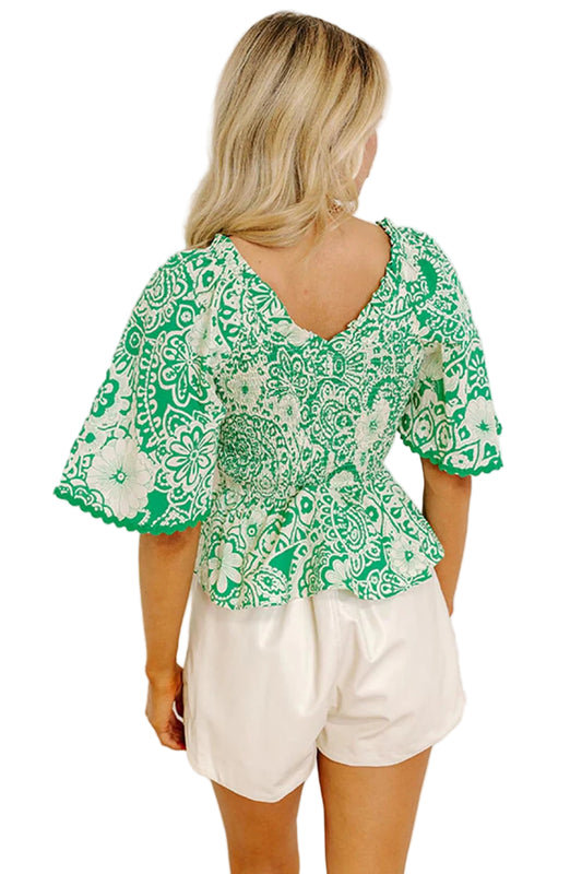 Green Flirty Floral Smocked V Neck Blouse