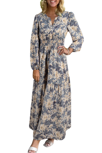 Sky Blue Floral Print Smocked High Waist Long Sleeve Maxi Dress