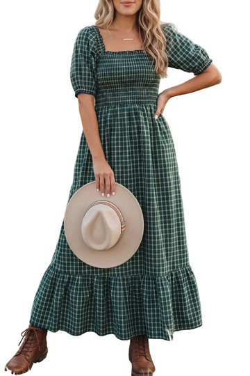 Green Plaid Square Neck Shirred High Waist Ruffle Hem Dress