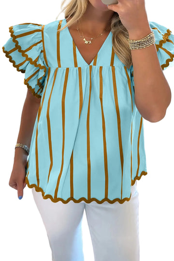Sky Blue Stripe Ricrac Trim Double Ruffled Short Sleeve V Neck Blouse