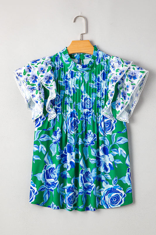 Green Floral Print Lace Trim Contrast Ruffle Sleeve Pleated Loose Blouse