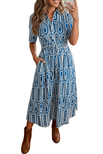 Blue Geometric Print Short Sleeve Drawstring Shirt Collar Dress