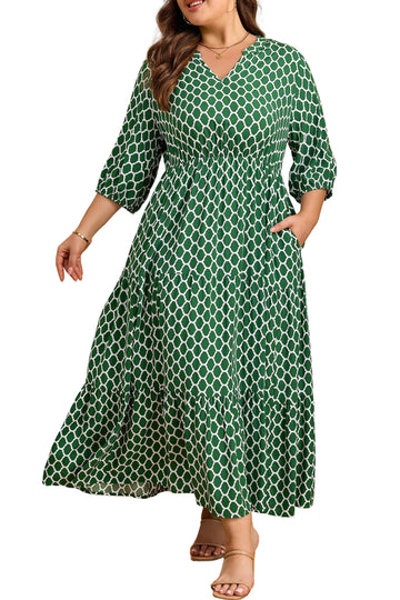 Green Plus Size Geometric Print Pocketed Ruffle Hem Casual Dress
