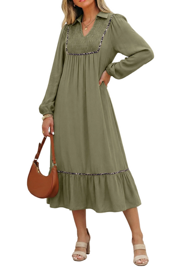 Four Leaf Clover Collared V Neck Smocked Detail Contrast Leopard Trim Bracelet Sleeve Long Dress
